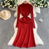 Autumn Winter Women Elegant Polo Collar Knitted Sweater Red Long Midi Pullover Dresses