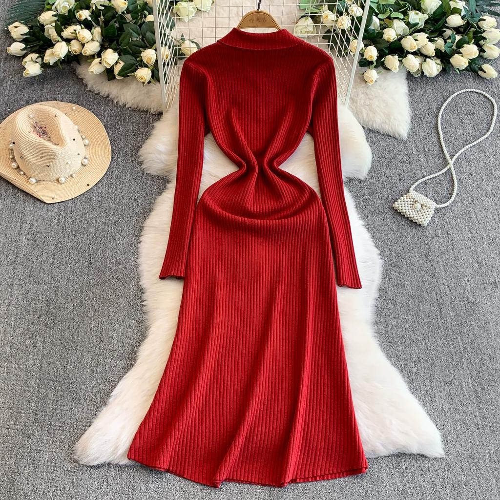 Autumn Winter Women Elegant Polo Collar Knitted Sweater Red Long Midi Pullover Dresses