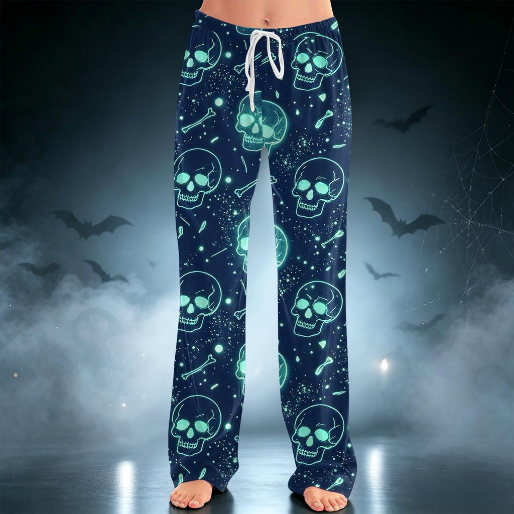 Women's Casual Pants with Drawstring Wide Leg Halloween Print for Holiday Relaxation
