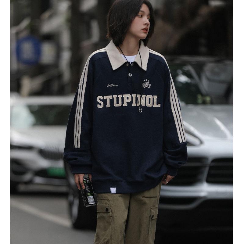 

Women s 2025 High Street Hip Hop Retro Polo Collar Sweatshirt - Spring/Autumn Trendy Loose Fit Jacket L (suggested for 100-125 lbs) темно-синий