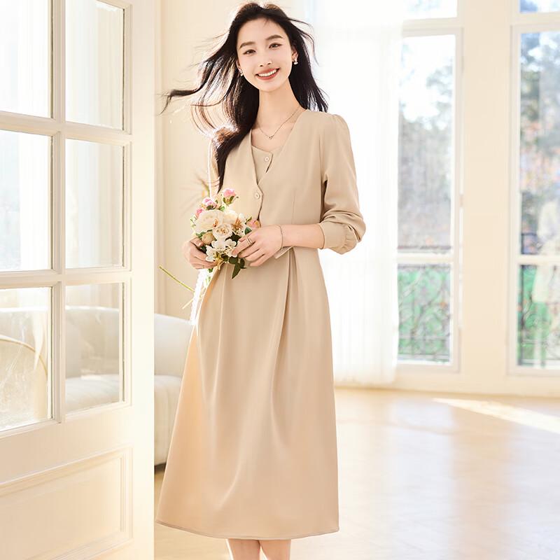 

VICTORIA&VERA French Style Faux Two-Piece Long Sleeve Midi Dress L