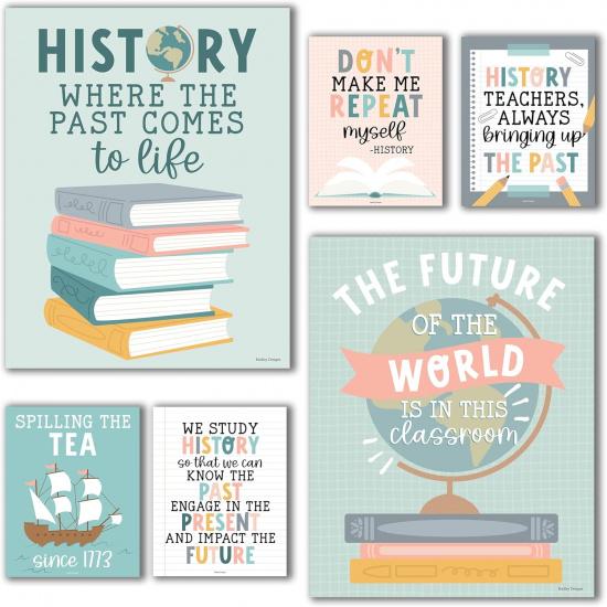 Hadley Designs 6 Social Studies Classroom Decorations – US History Posters for Elementary, Middle School and High School, Durable World History Boho Muted