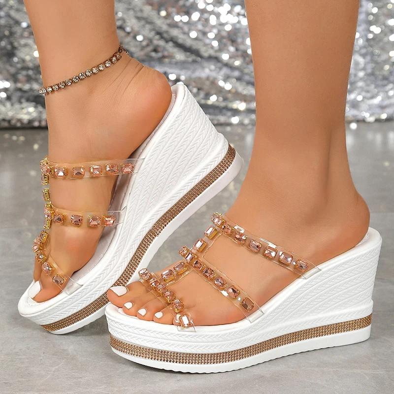 

Fashion Luxury Rhinestone Chunky Platform Women Sandals 2025 Summer Crystal Wedges Slippers Woman Plus Size High Heels Sandals Female 43 43 золотой