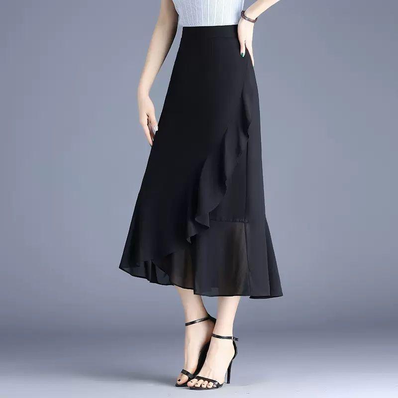 Lotus Leaf Side Length Skirt for Women Summer Chiffon Fishtail Skirt Half Body Skirt High Waist A-line Skirt