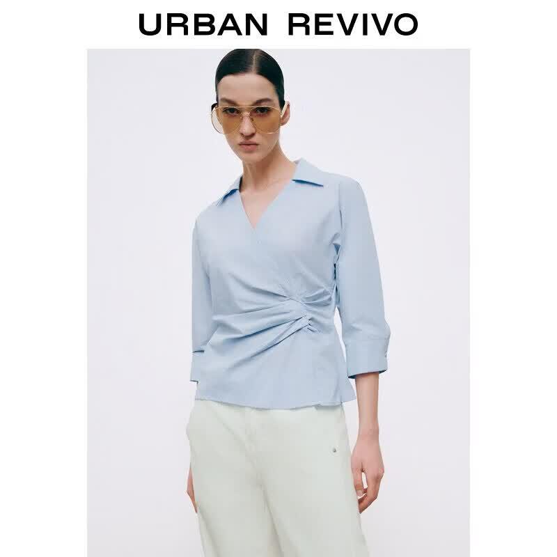 UR2026 Women's V-Neck Pleated Cotton Blouse