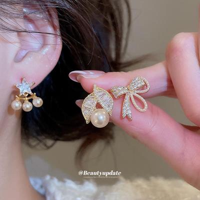 18k Gold-Plated Silver Zircon & Pearl Earrings with Star, Bowknot & Leaf Design - Luxury Earrings for Women