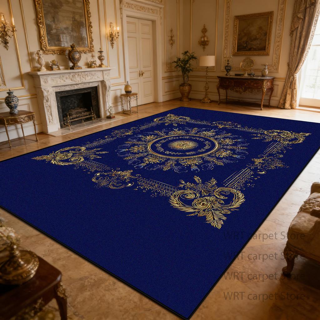 Luxury Retro Blue Golden Carpet Living Room Short Velvet European Style Washable Soft Large Area Rugs Dining Room Bedroom Mats