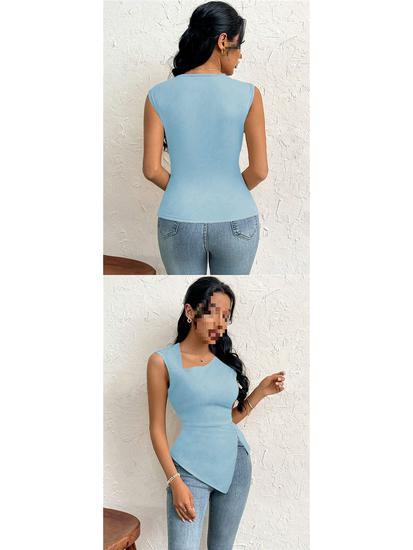 Women's Elegant Asymmetrical Neck Slim Fit T-shirt - Spring/Summer Pure Color Top