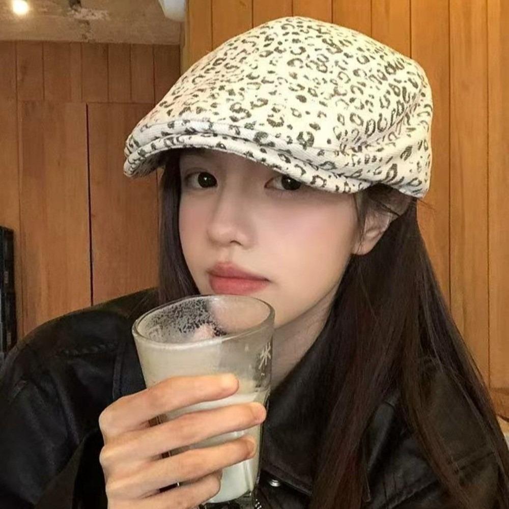Y2k Leopard Print Beret Rhinestone Leopard Newsboy Cap Fashion Forward Hat  Outdoor