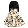 Women's Casual Retro Halloween Dress Long Sleeve Round Neck Vintage Fit and Flare Dress with Bat Print and Waist Tie Belt for Everyday Wear