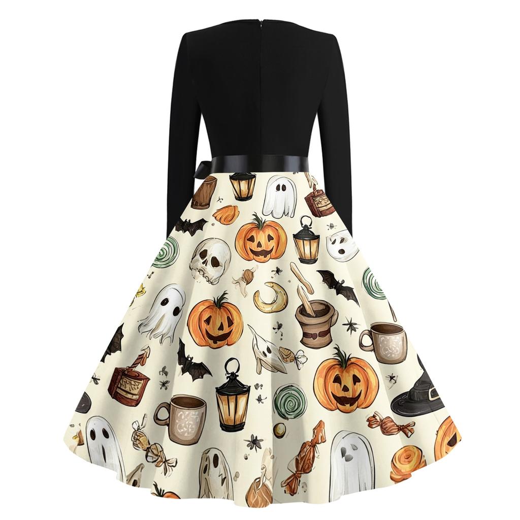 Women's Casual Retro Halloween Dress Long Sleeve Round Neck Vintage Fit and Flare Dress with Bat Print and Waist Tie Belt for Everyday Wear