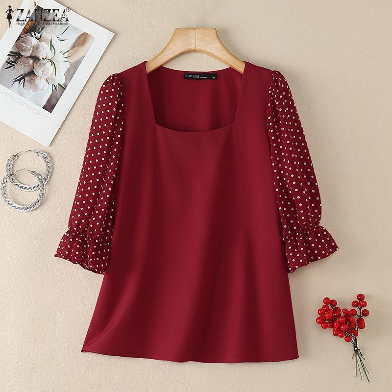 ZANZEA Women Square Collar Polka Dot Print Splice 3/4 Sleeve Elegant Blouse