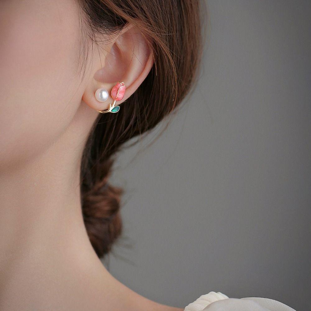 Classic Tulip Rhinestone Jewelry Korean Style Earrings Pearl Stud Earrings Women Zinc Zinc Alloy Earrings