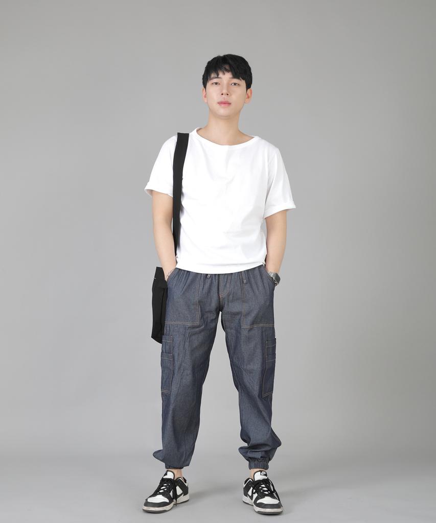 Seinteukeulu Two-Layer Wide Cargo Jogger Pants W2-308J Denim Light Indigo