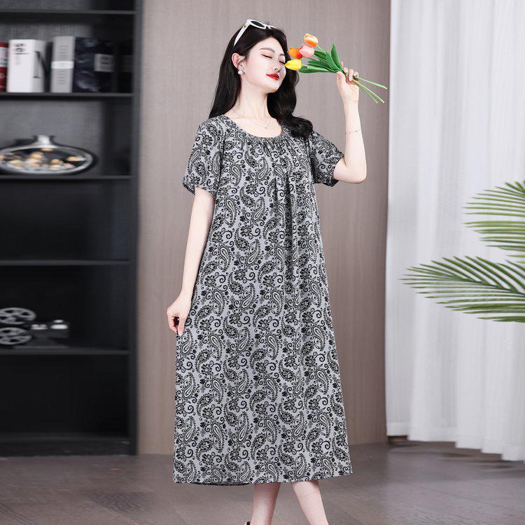 Summer 2026 Plus Size Cotton Silk Long Dress for Middle-Aged Women