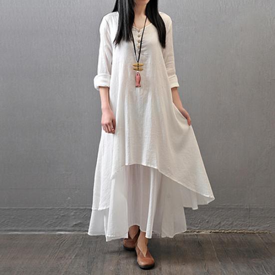 Women Fashion Autumn Casual Rayon Linen Long Sleeve Maxi Dress Kaftan