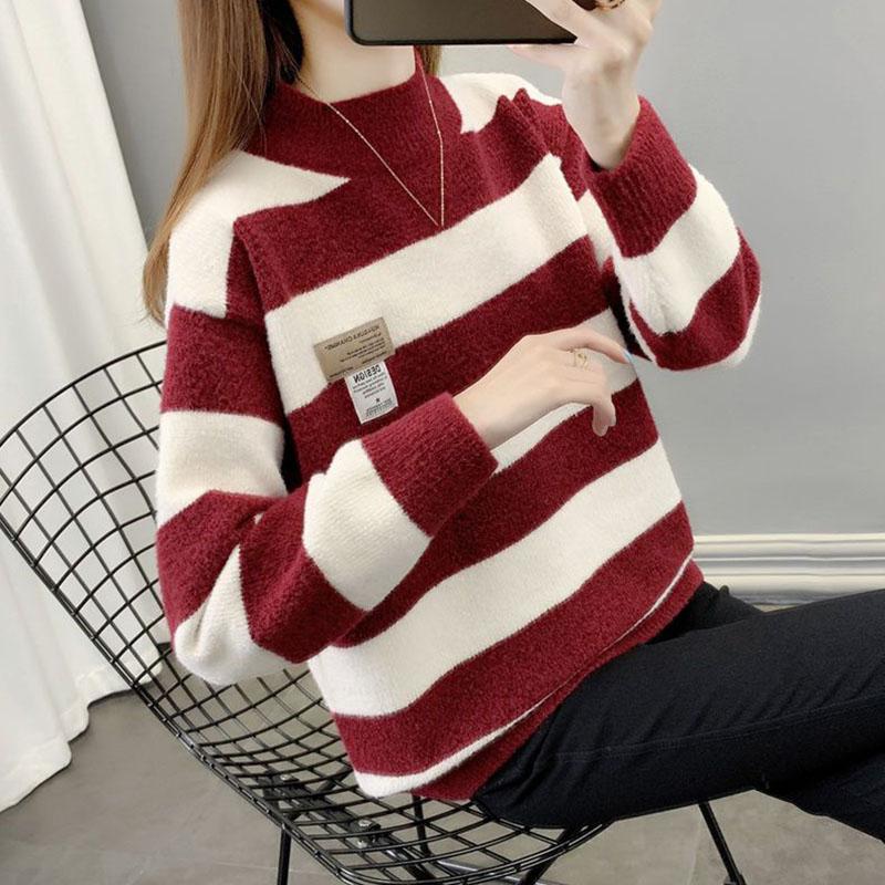 Striped Colour Blocking Chenille Sweaters Women's Autumn Winter Korean Style Loose Thickened Knitted Pullovers Large Size Casual Jumpers