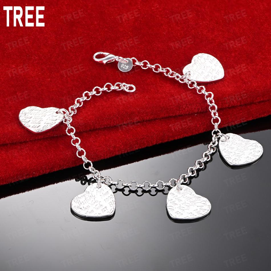 925 Sterling Silver Letter Heart Side Chain Beautiful Bracelet Gift Jewelry 20CM