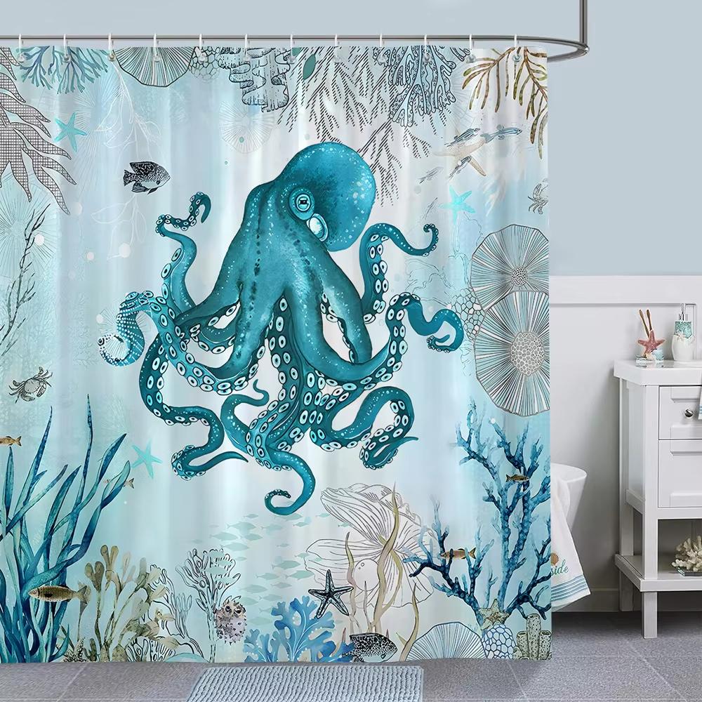 Oktopus Meeres Duschvorhänge Badevorhang 180*180cm Wasserdicht Badezimmer Heimdekoration Waschbarer Stoff Badezimmer Sichtschutz Mit 12 Haken