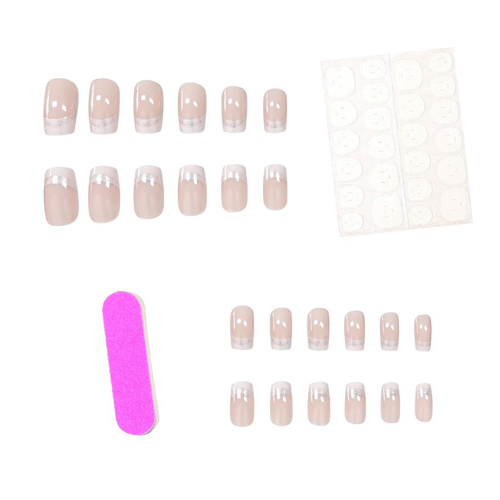 24 Nail Art Nude White Edge Double French Silver Glitter Craft Medium And Long Square Wearing Nail