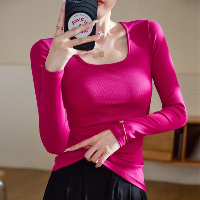 Women Square Neck Long Sleeve Slim Fitted Solid Color T Shirt Casual Basic Top