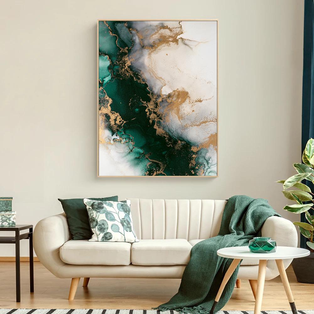 Poster di Lusso in Marmo con Foglia Oro Verde Dipinti Decorativi Estetici Tela Arte da Parete Immagini Soggiorno Camera da Letto Arredamento Interno