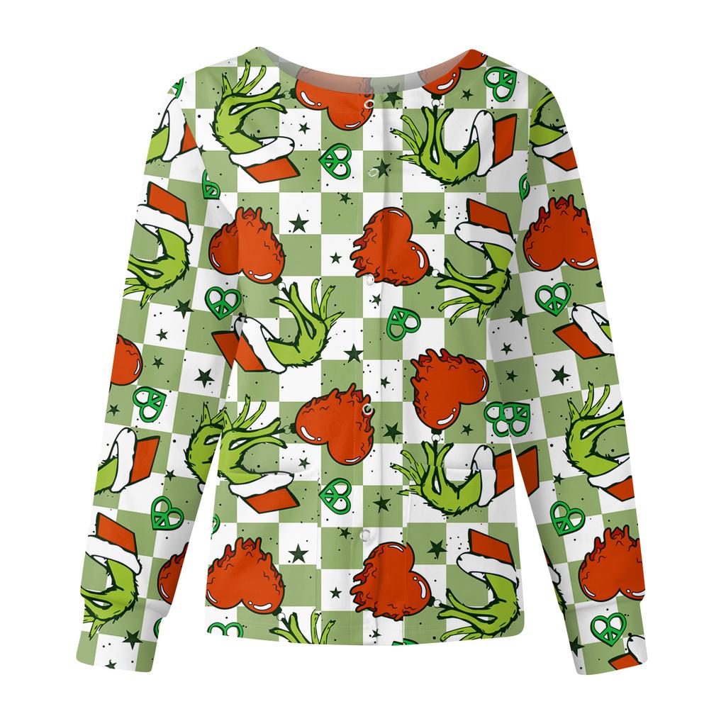 Women's Casual Fashion Long Sleeve Standing Collar Single Breasted Christmas Print Workwear Jacket Tops