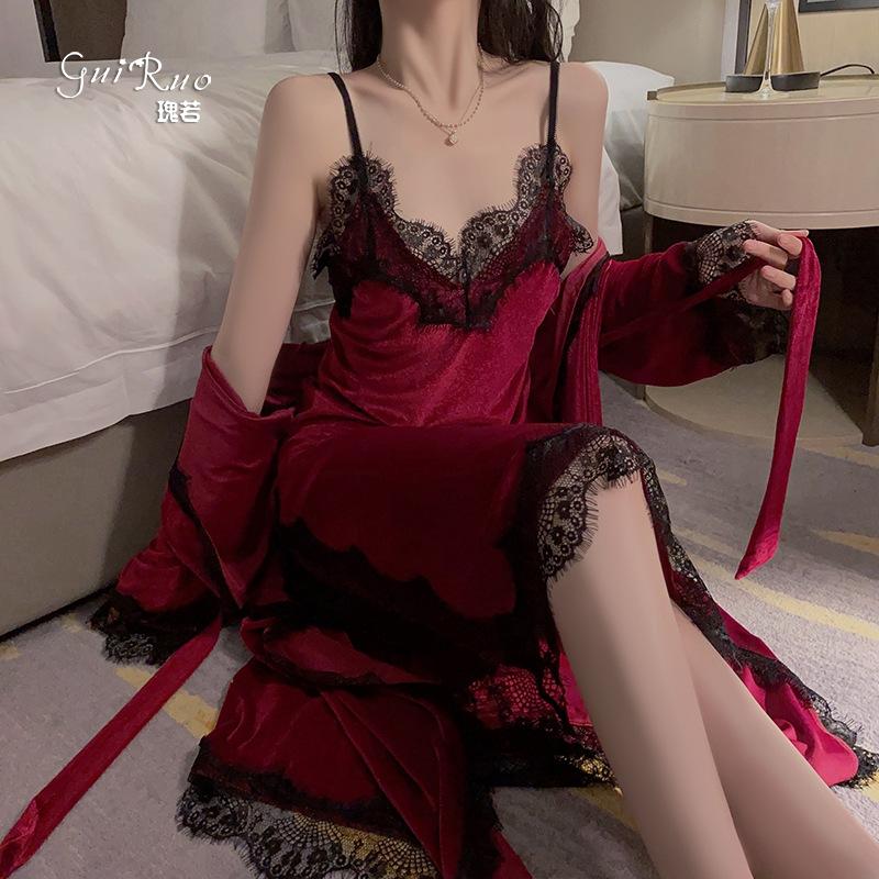 Women's Velvet Long Slit Cami Sleep Dress with Robe for Fall Winter