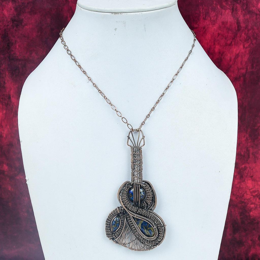 Copper Sodalite Gemstone Pendant Guitar Pendant Copper Wire Wrapped Jewelry