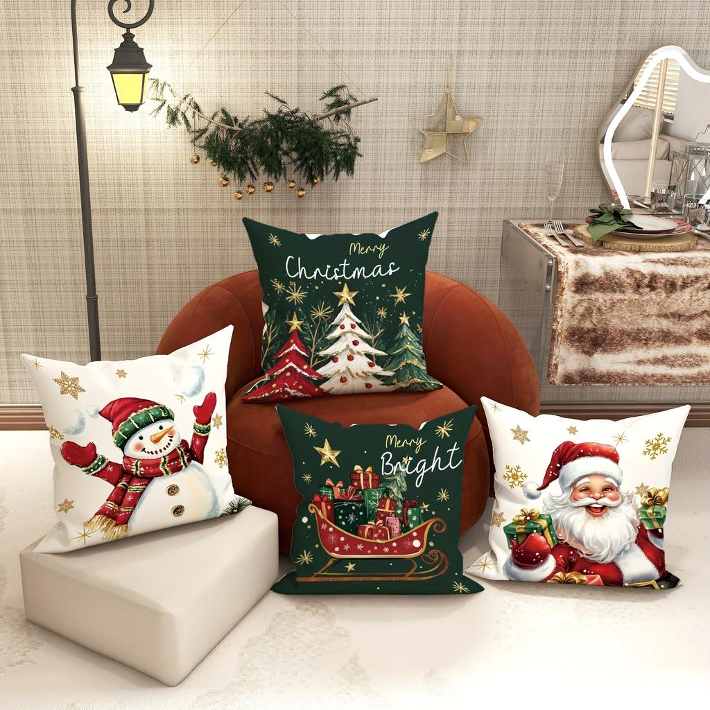 Christmas Decoration Pillowcase Santa Claus Carriage Snowman Christmas Tree Pattern Suitable for Home Room Sofa Cushion Cover