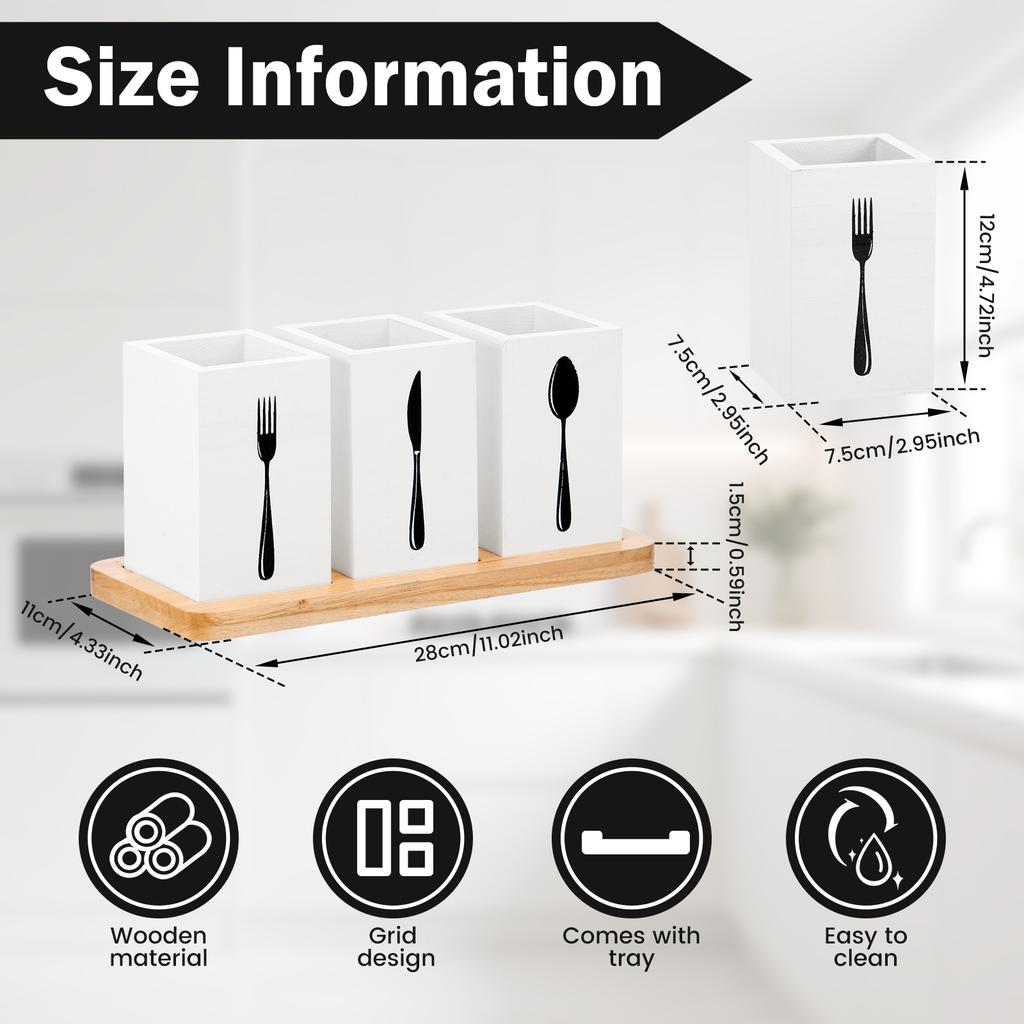 Wooden Utensil Storage Holder Flatware Silverware Organizers with Tray Home Kitchen Countertop Spoon Fork knife Holder