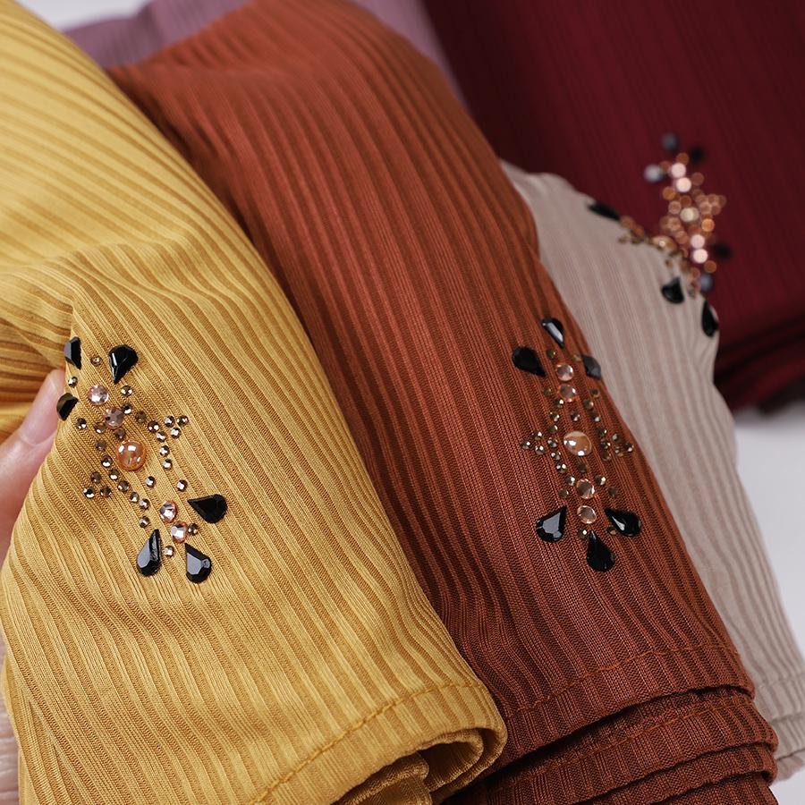 Fashion Ribbed Jersey Hijab Muslim Plain Scarf Crepe Rhinestone Hijab Soft Islamic Shawls Wraps Headband For Women