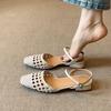 Sheepskin version~ literary and retro woven hollow low-heeled bag head shoes women's French one-word buckle outer wear leather sandals