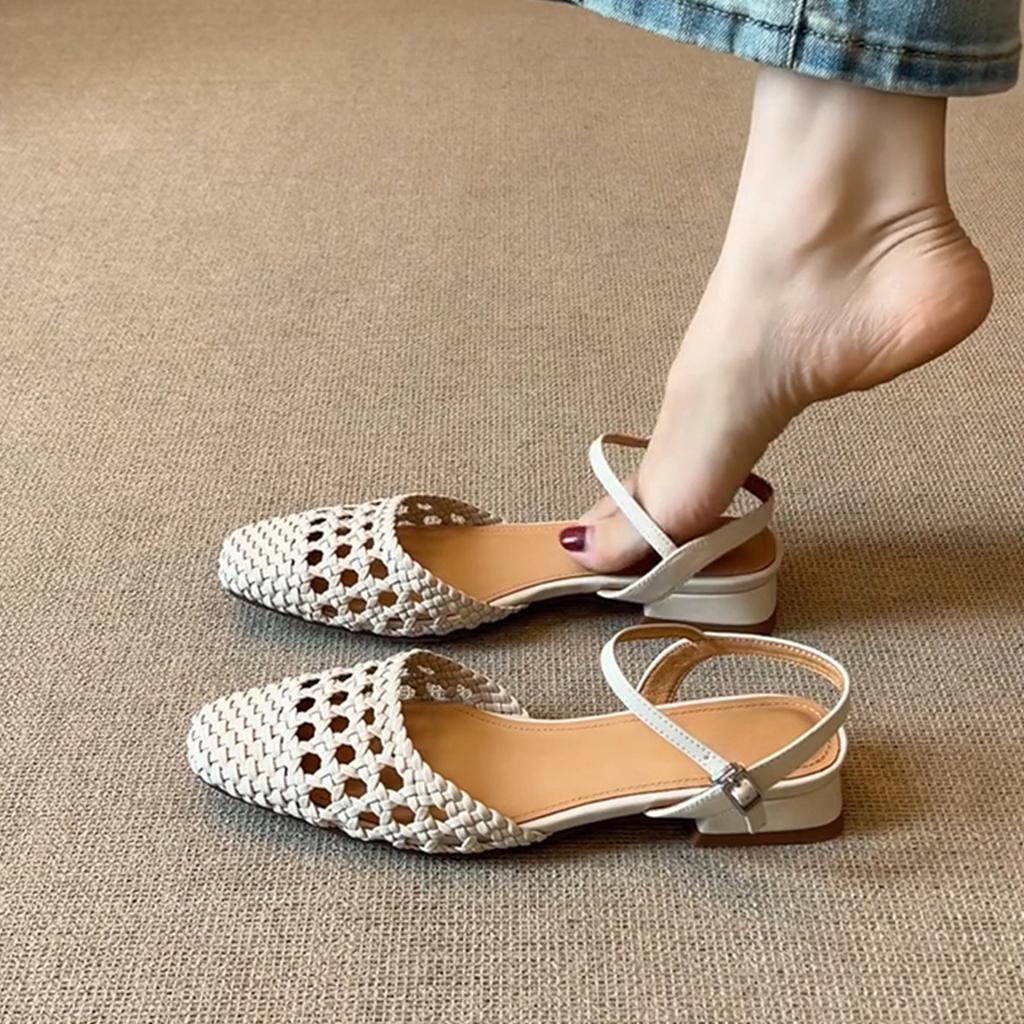 Sheepskin version~ literary and retro woven hollow low-heeled bag head shoes women's French one-word buckle outer wear leather sandals