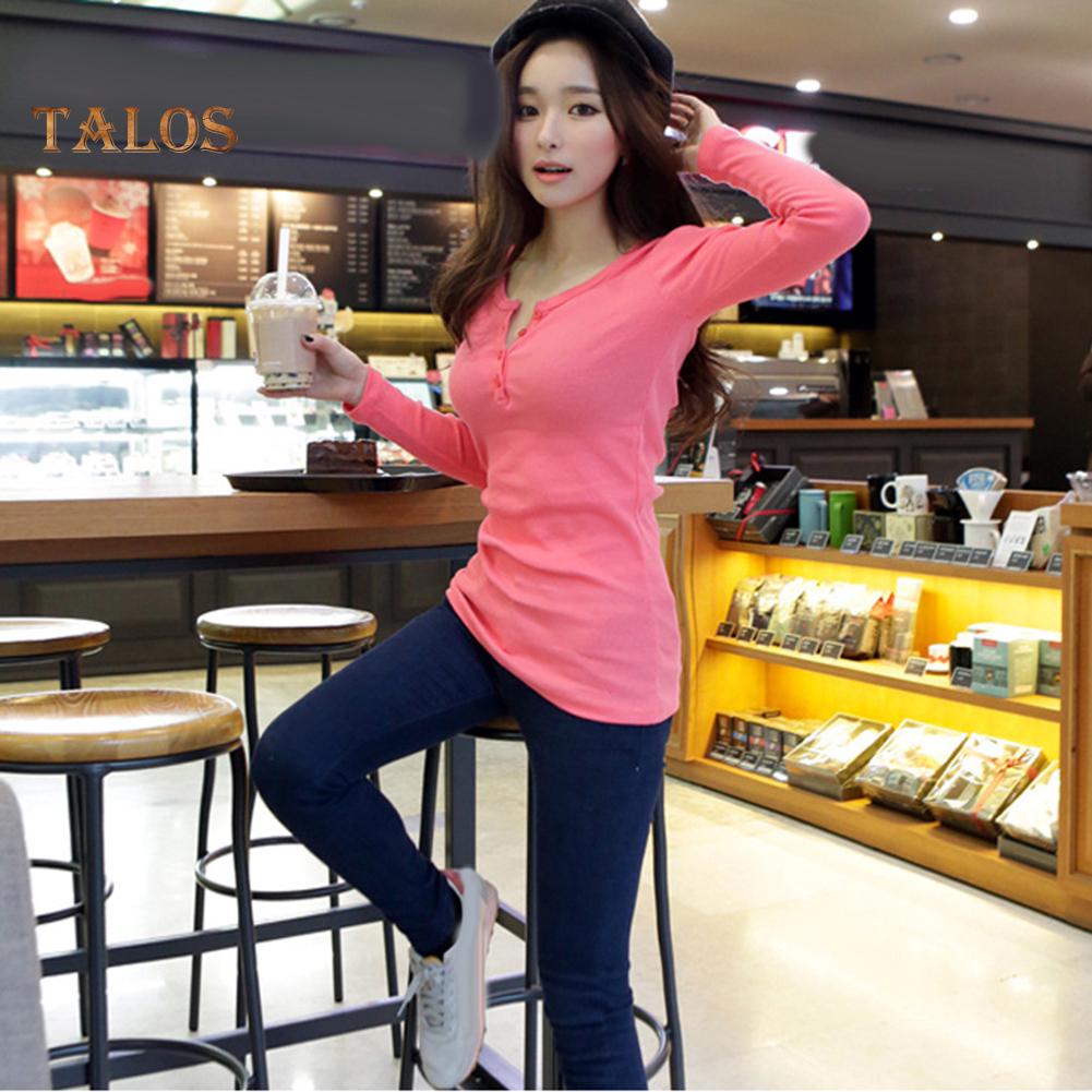 T-Mix Solid Color Women Ribbed Long Sleeve Round Neck Buttons Slim Fit T-shirt Blouse