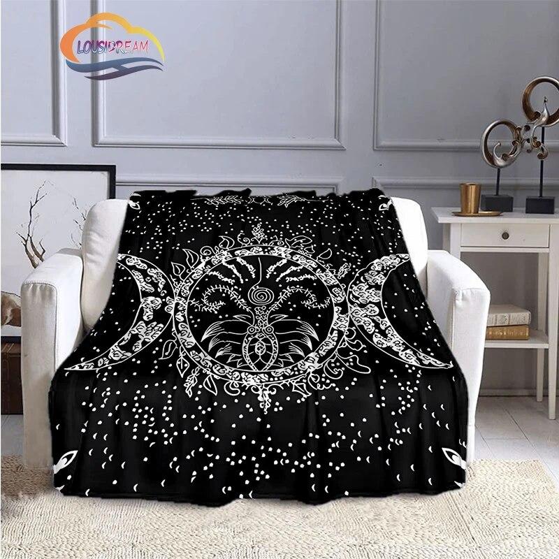 Pentacle & Moon flanellfilt, Skull Witchy Wicca Pagan Black and White Mystical Gothic Solfilt