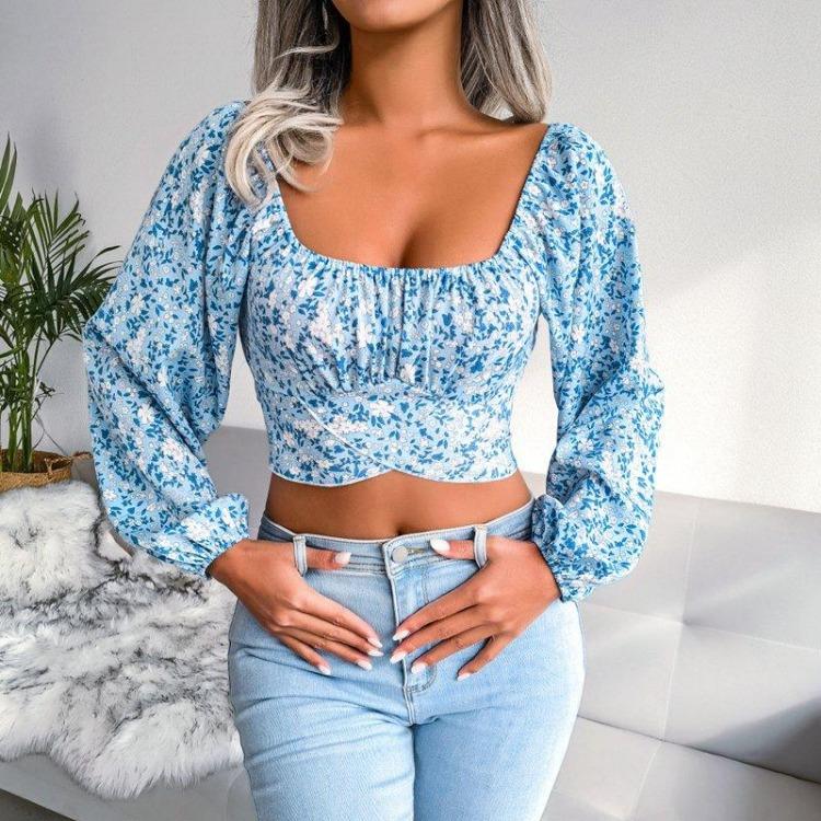 Spring Summer Floral Chiffon Crop Blouse Square Neck Lantern Sleeve Bow Resort Top S-XL