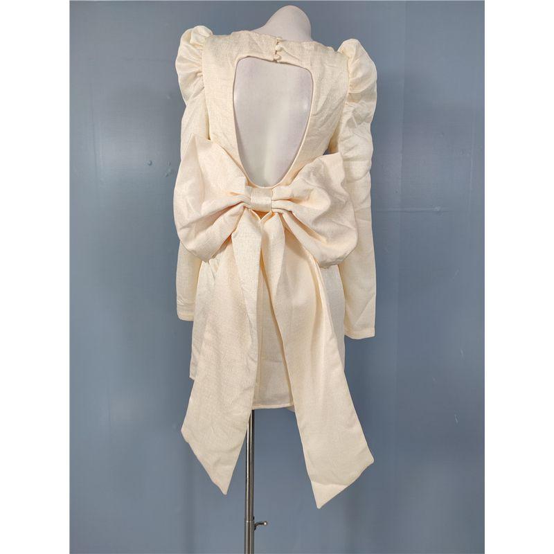 

Foreign Trade Order Heavy Industry Gas Field Square Collar Design Long sleeve Rear V Bow Sheath Dress Niche Vacation Short dress Light yellow L