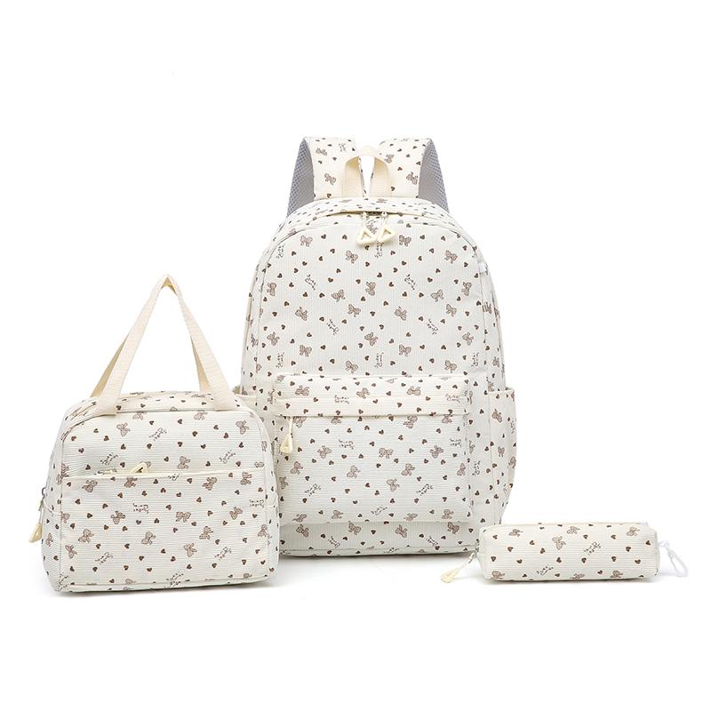 Three-Piece Backpack Set Bow Printed Corduroy Large Capacity Handbag Multi-Functional Backpack with Lunch Bag Pen Bag