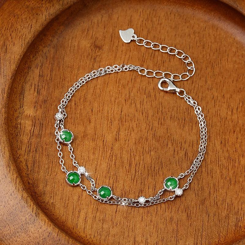 Fashion commuter natural jadeite yang green double row design inlaid women's light luxury versatile bracelet fashion retro jewelry gift