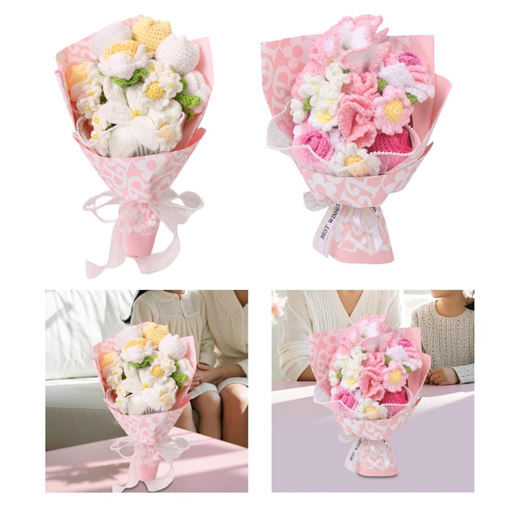 Preserved Knitting Flower Crochet Bouquet Artificial Floral Wreath Ornament Decoration for Wife Mom Anniversary