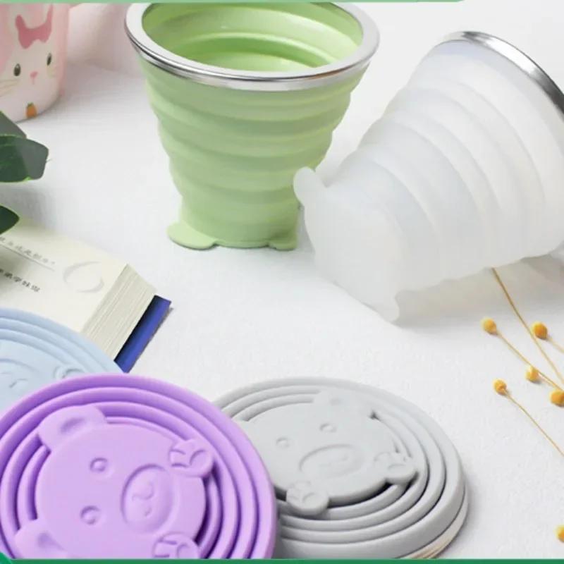 180ml Outdoor Silicone Folding Cup Travel Casual Mug Cartoon Bear Collapsible Reusable Drinking Cup with Lids Retractable Cups