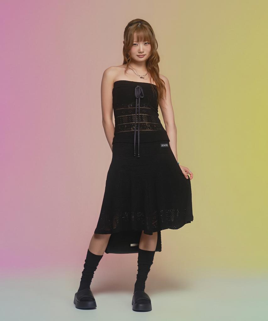Aejeuon Wavy Lace Midi Skirt / Black