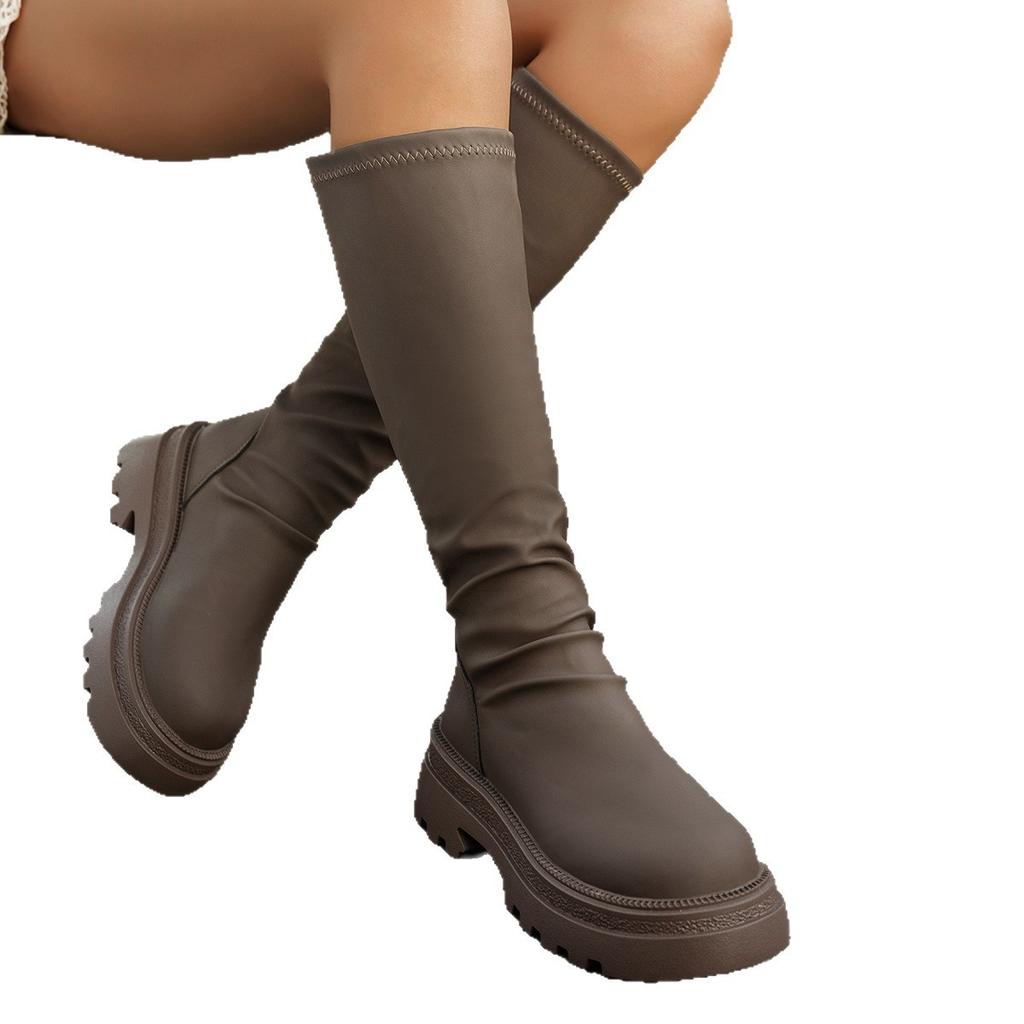 Stiefel mit dicker Sohle, aber kniehoch, Kinder 2025 Herbst und Winter neue Mode-Stiefel, plissierte Stiefel zum Stapeln, hochelastische Damenstiefel