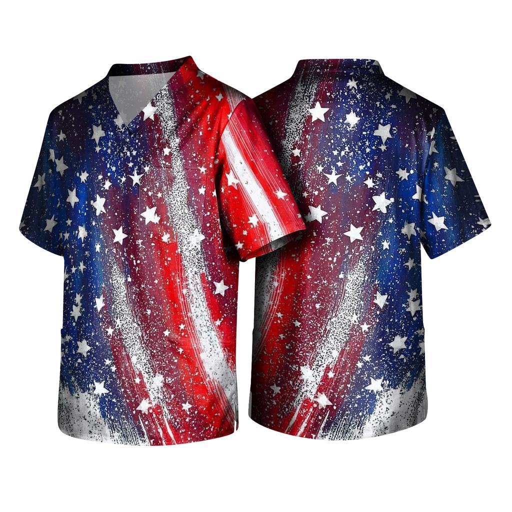 Unisex V Neck Short Sleeve Scrub Top with Star Print and Pocket Design for Healthcare Professionals
