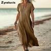 Oversized Solid Color V-Neck Cotton Linen Women's Dress for Women's Clothing