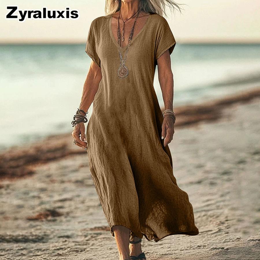 Oversized Solid Color V-Neck Cotton Linen Women's Dress for Women's Clothing
