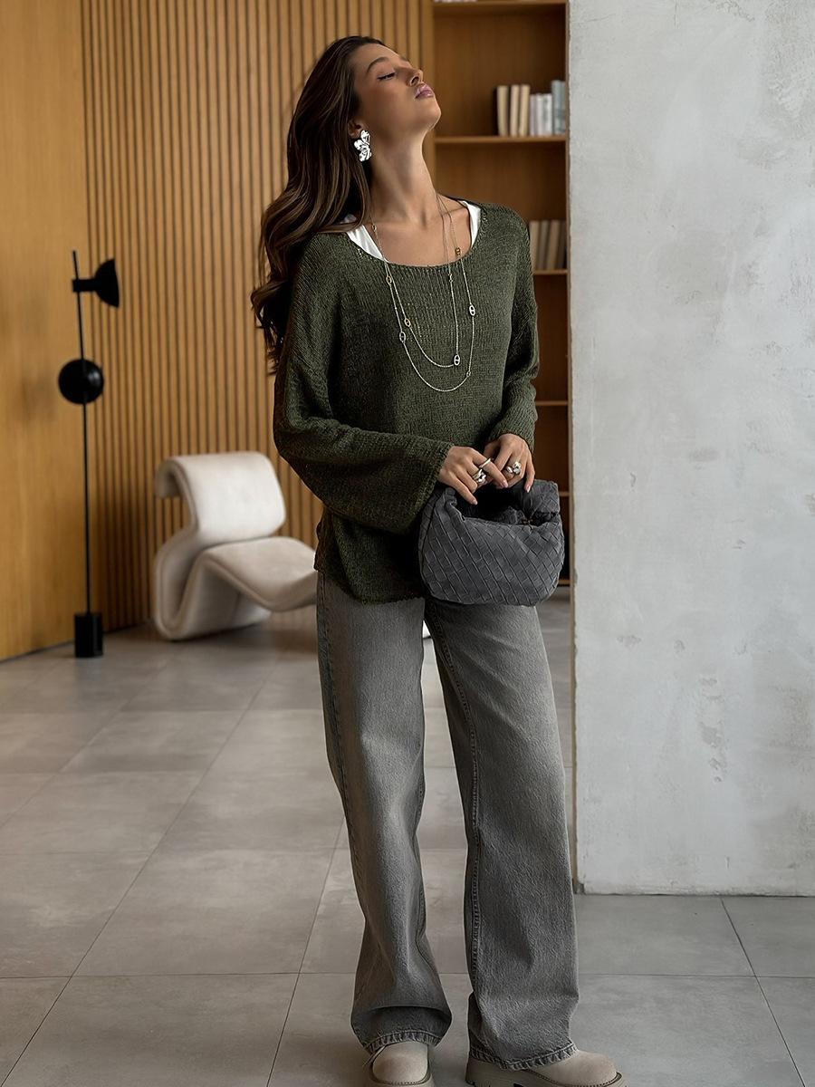 

Простой хлопковый трикотажный свитер с длинным рукавом весна лето женский однотонный эластичный свободный повседневный топ S зелёный