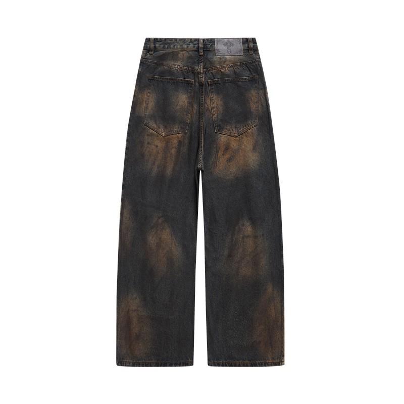 Mens Vintage Washed Distressed Wide Leg Low Rise Jeans With Hand-Painted Details Raw Hem