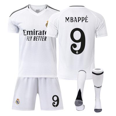 Teens Kids Adults Football Kits Sport Training Jersey Set with Socks 24/25 Real Madrid Home #9 Mbappé